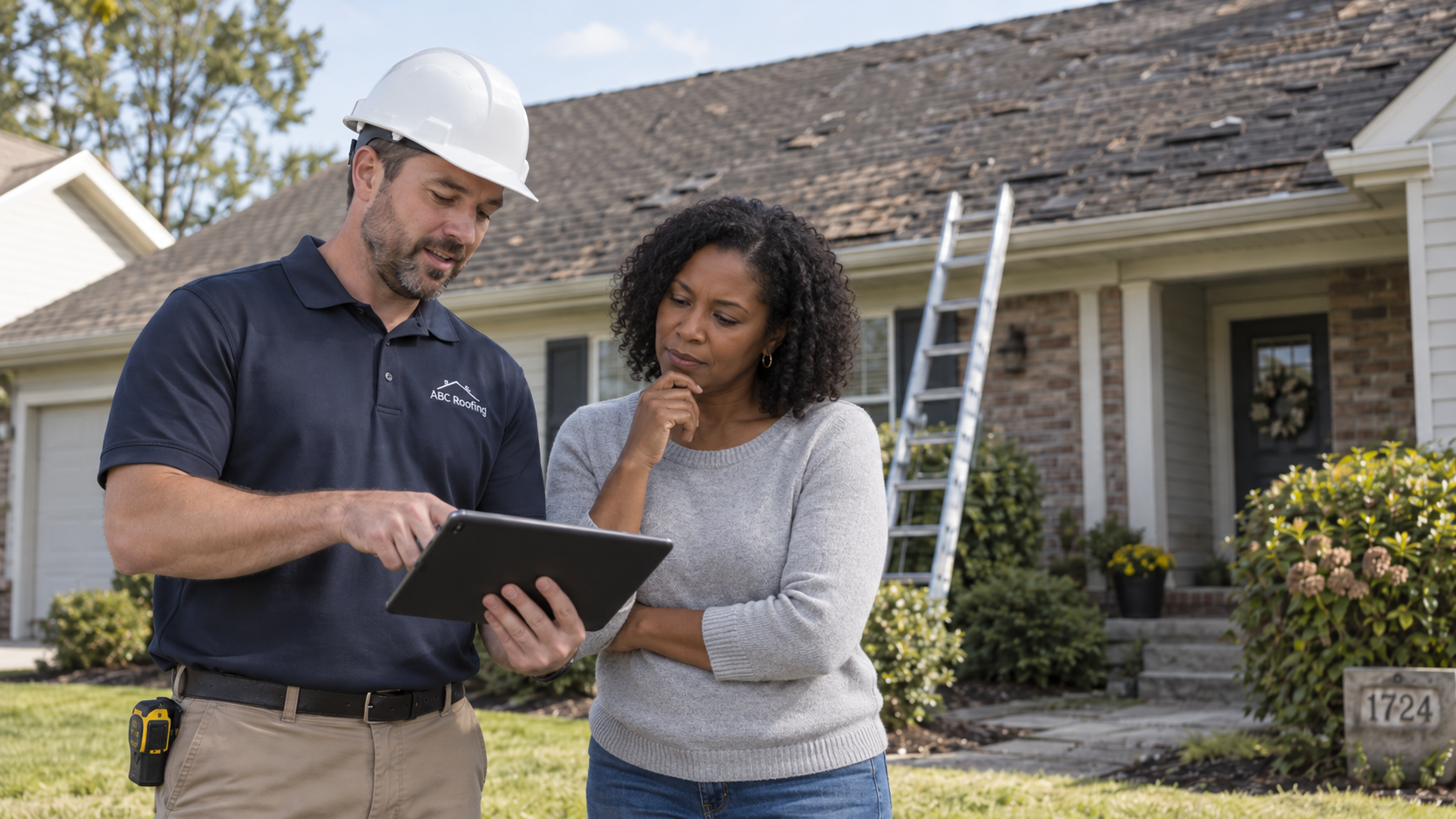 Contractor showing a homeowner project details on a tablet outside a house