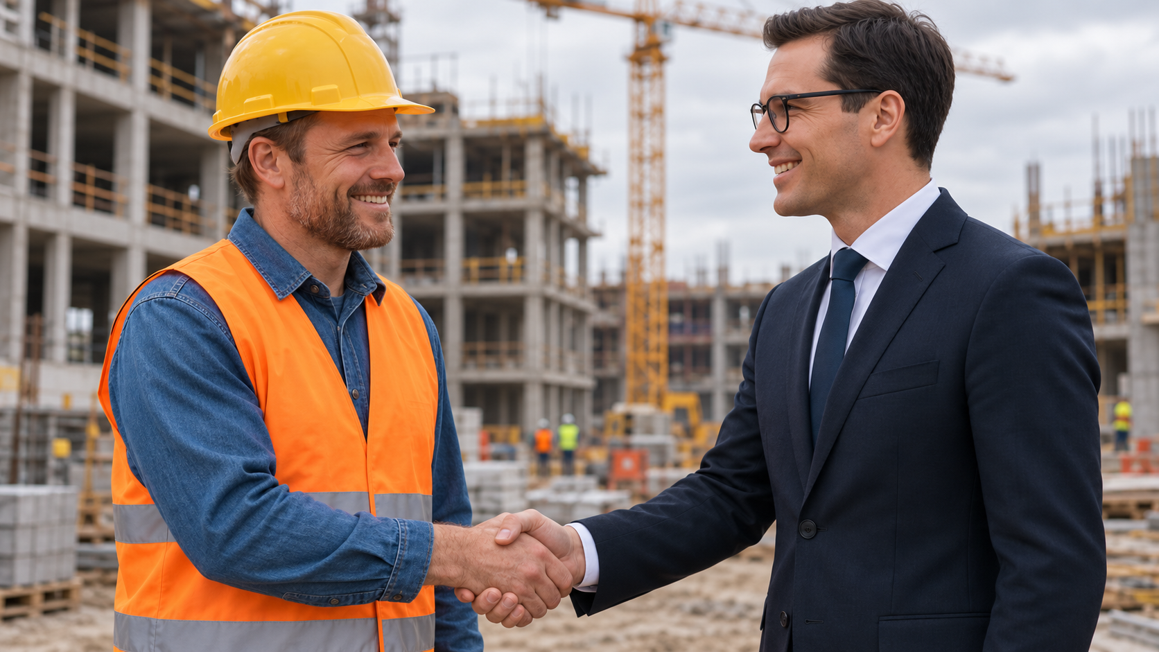 Construction worker in a hard hat and safety vest shaking hands with a businessman at a construction site